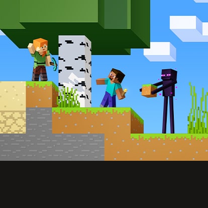 Characters on a hill - Alex holding a pickaxe, Steveholding a torch & a Creeper holding a dirt block