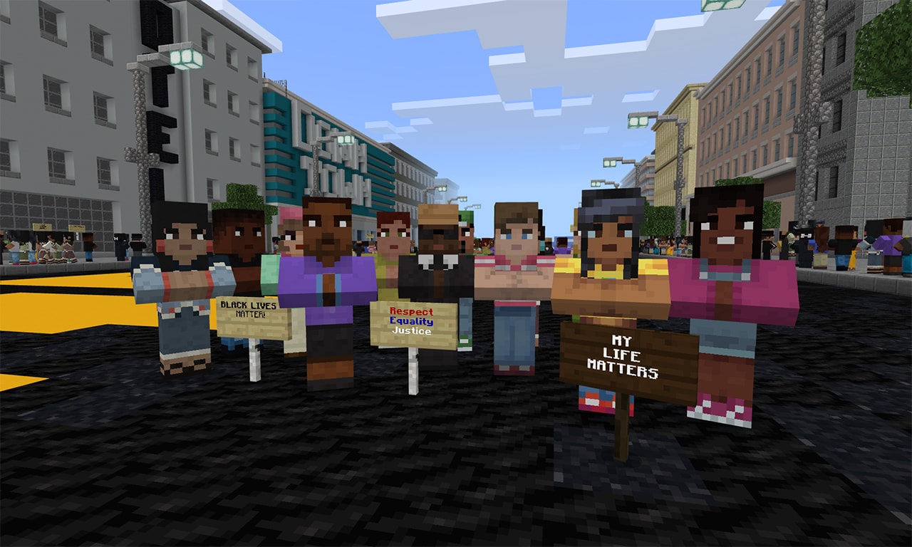 A group of Minecraft characters protesting in a city