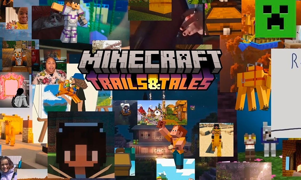 The Minecraft Trails & Tales logo is centered in front of many screenshots and photos highlighting Trails & Tales content.