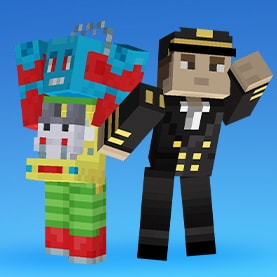 Two Minecraft characters: one in a colorful robot costume, and one dressed as a ship captain, against a blue background.