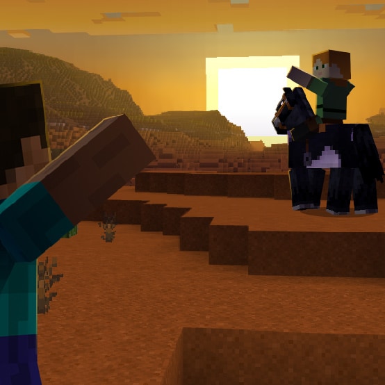 Steve and Alex wave goodbye to each other in front of a sunset