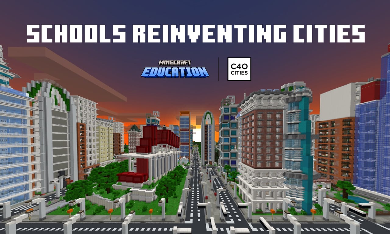 City streets and building made of Minecraft blocks