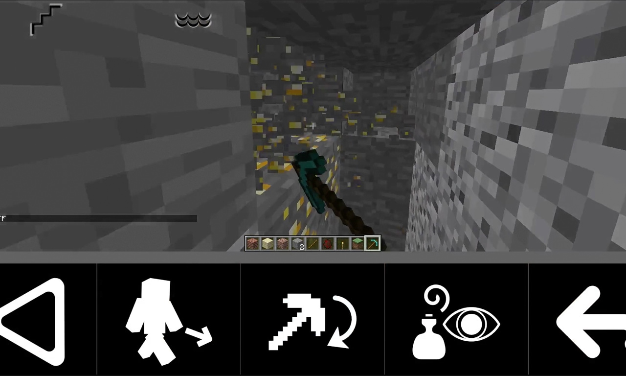 A player is mining blocks in Minecraft, with 5 buttons along the bottom of the screen.