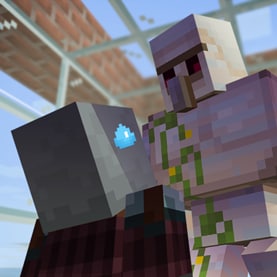 A villager is intimidated by a looming iron golem