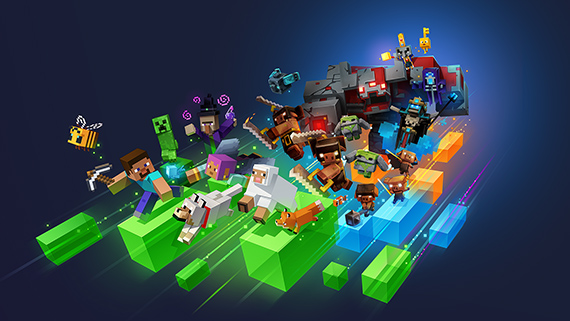 Steve and other Minecraft characters riding colored blocks