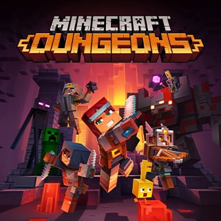 Four heroes face off against a horde of monsters deep in a cave below text reading: Minecraft Dungeons