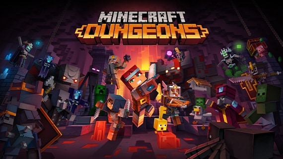 Four heroes face off against a horde of monsters deep in a cave below text reading: Minecraft Dungeons