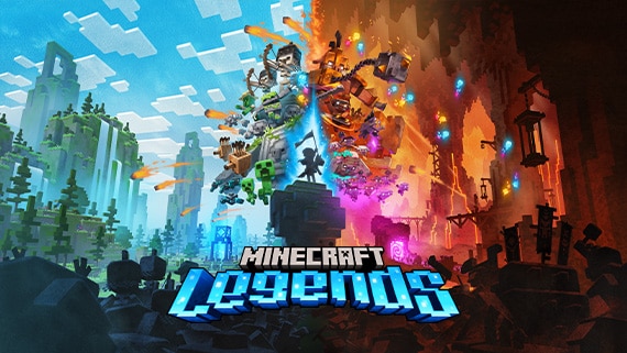 A hero stands between two armies over text reading: Minecraft Legends