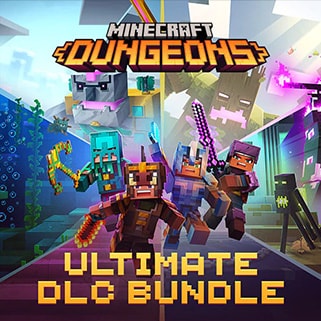 Four heroes prepared to fight new monsters. Text reads: Minecraft Dungeons Ultimate DLC Bundle