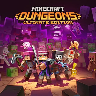 Four heroes are surrounded by monsters and new bosses beneath the text: Minecraft Dungeons Ultimate Edition