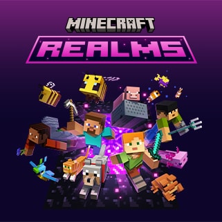 Steve, Alex, and various other characters and animals burst out of a nether portal below text reading: Minecraft Realms