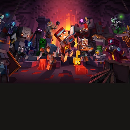 Minecraft Dungeons heroes fighting their way through mobs in a cave