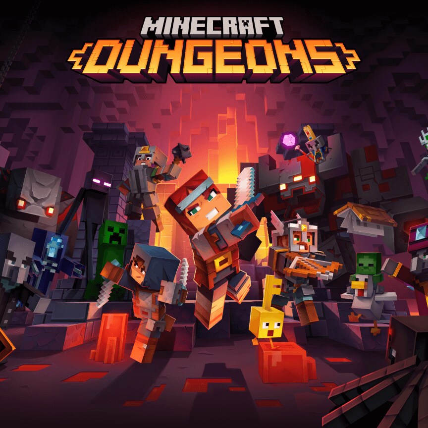 A party of adventurers fight off monsters deep in a cave under text reading Minecraft Dungeons