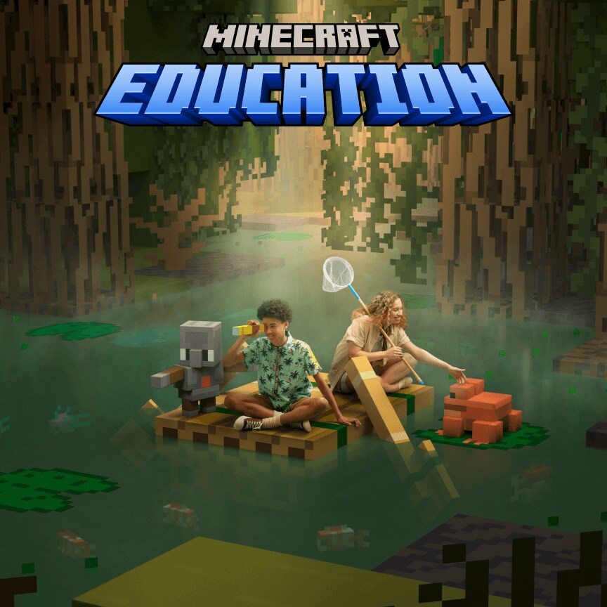 Two students and a golem riding a raft through a swamp under text reading Minecraft Education