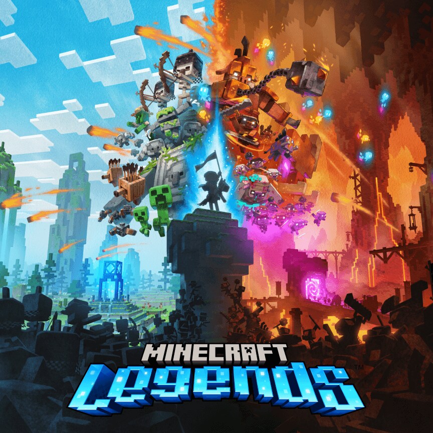 A Hero stands between two opposing armies over text reading Minecraft Legends