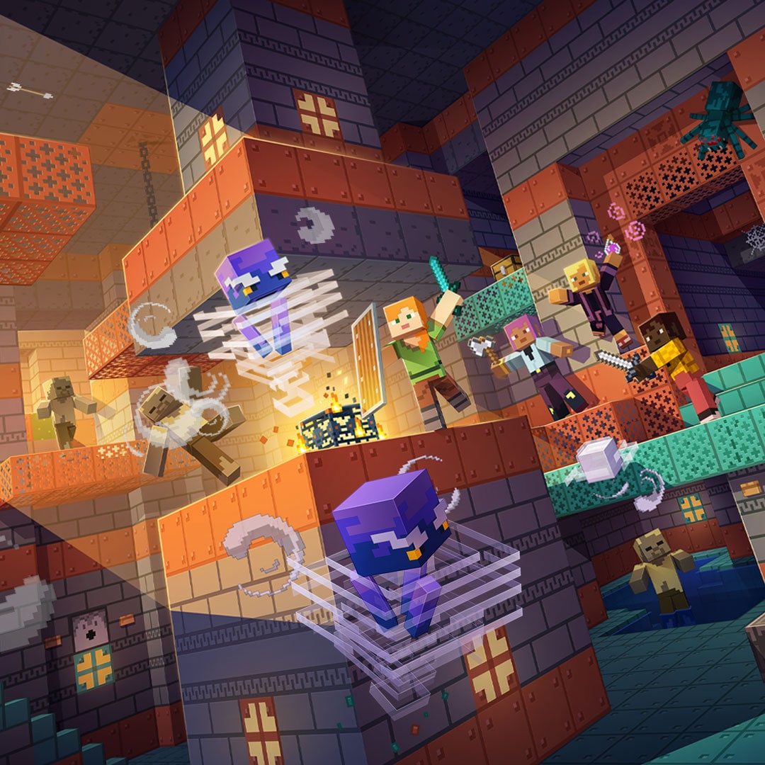 Steve, Alex, and other characters battle against breezes, bogged, and other mobs in the trial chambers, beneath the text: Minecraft Tricky Trials