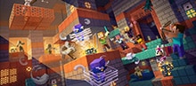 Steve, Alex, and other characters battle against breezes, bogged, and other mobs in the trial chambers, beneath the text: Minecraft Tricky Trials