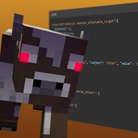 A Minecraft cow with red eyes stands in front of a section of computer code