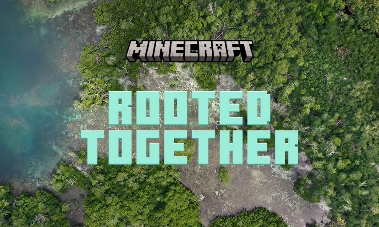 The Minecraft Rooted Together logo is centered in front of a mangrove swamp seen from above.