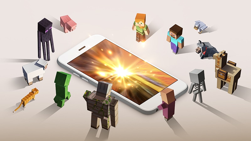 Multiple Minecraft characters looking at a bright phone