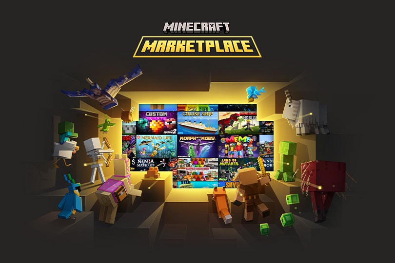 Minecraft characters look at all the options on the marketplace below text reading: Minecraft Marketplace