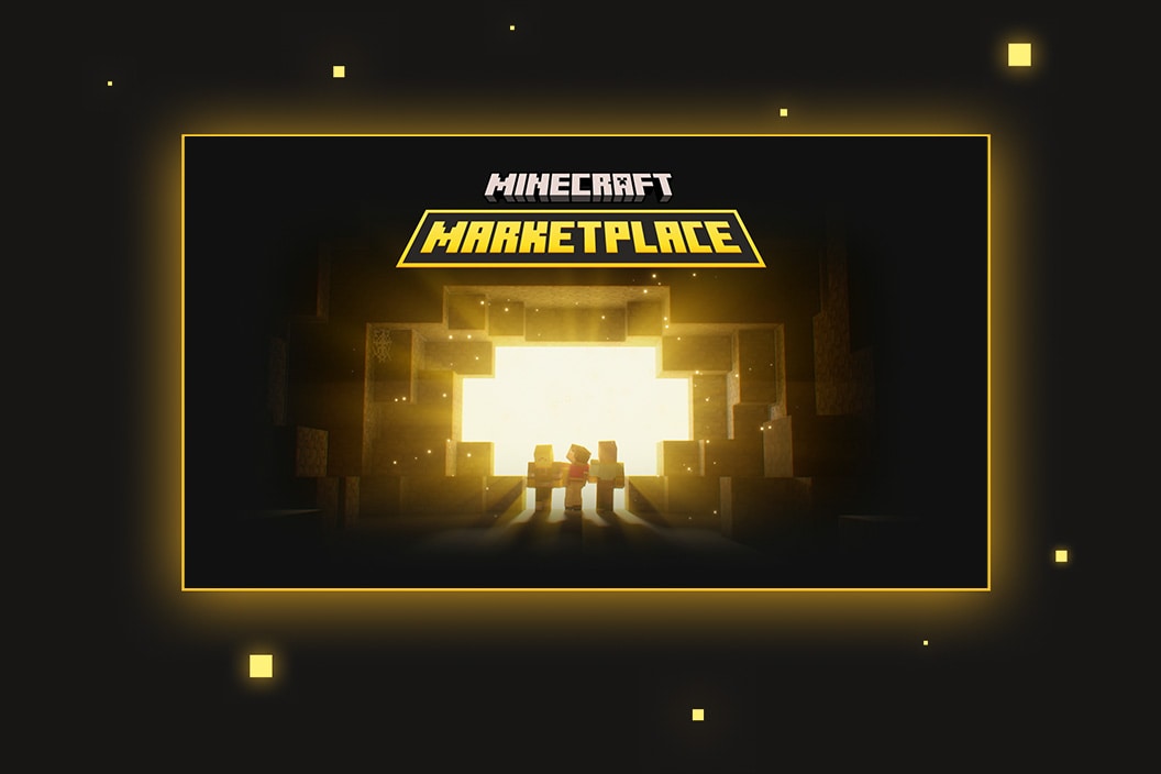 Three minecraft characters leaving a cave into a bright light below text reading: Minecraft Marketplace