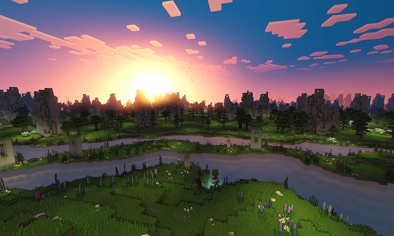 A Minecraft-themed sunset scene with lush green grass, trees, and a captivating sky.