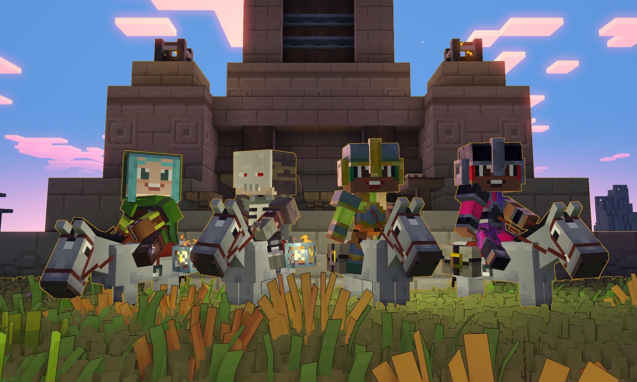 A Minecraft Story Mode screenshot featuring a cooperative campaign. Heroes band together to battle piglins as a team.