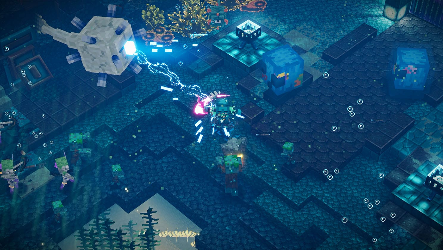 On the ocean floor, an elder guardian uses its laser attack on the player while other hostile mobs surround the battle