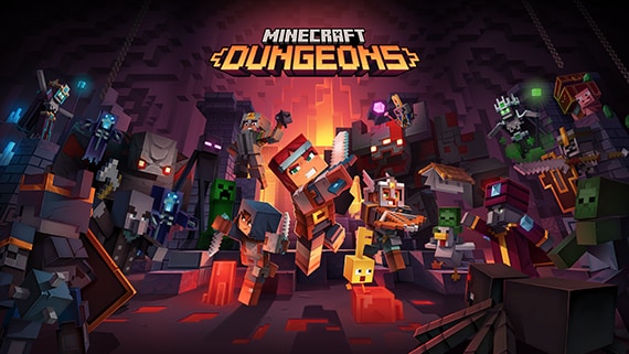 Four Minecraft Dungeons heroes surrounded by many mobs in a dimly lit cave