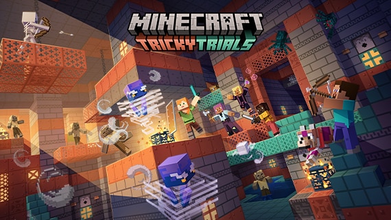 Minecraft players fighting enemies in the trials chambers