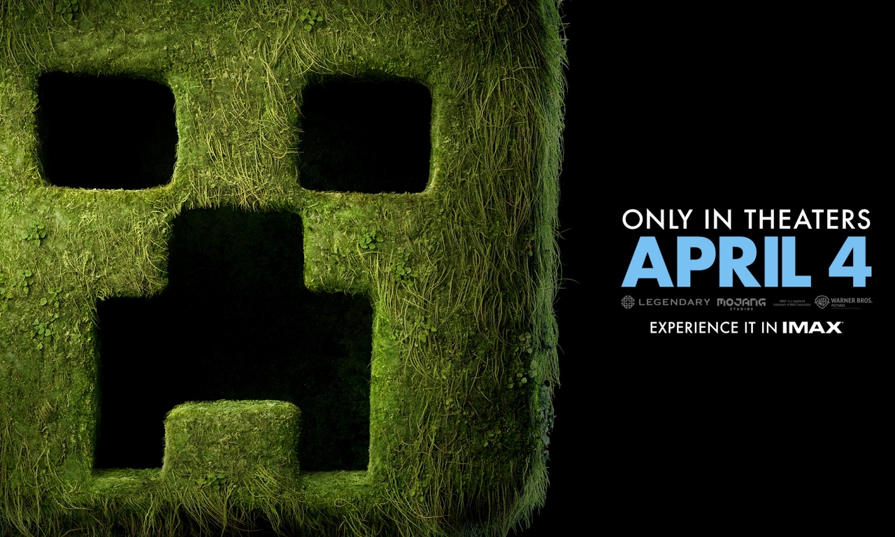 A close up image of a creeper’s head. The creeper’s face has a lush texture, consisting of moss and leaves. The text on the image says "ONLY IN THEATERS APRIL 4. EXPERIENCE IT IN IMAX" 