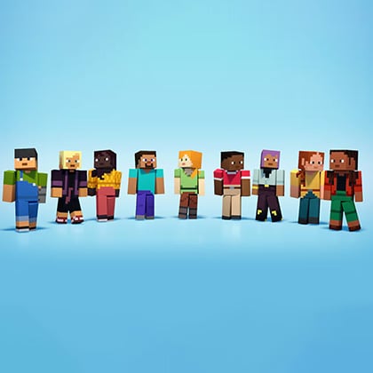 Nine player characters with a variety of skin tones and clothing designs