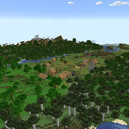 A distant village is seen from above in the Minecraft Overworld