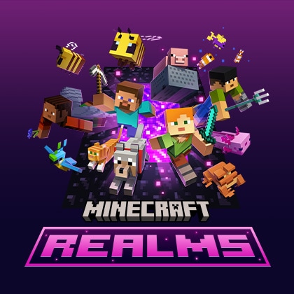 A variety of characters and mobs are shown above the Minecraft Realms logo