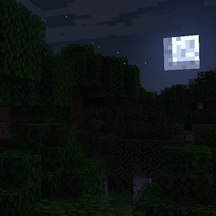 The moon rises over a dark, foreboding forest