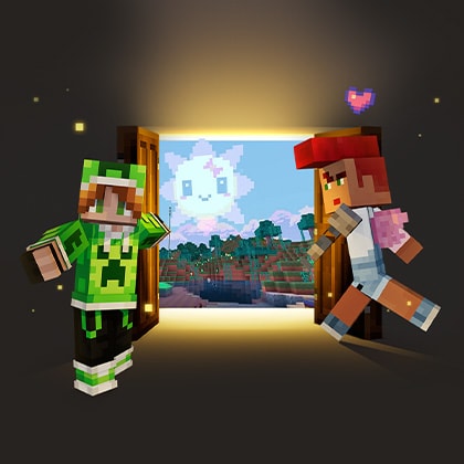 Two characters wearing custom skins are entering into a glowing doorway to a Minecraft world