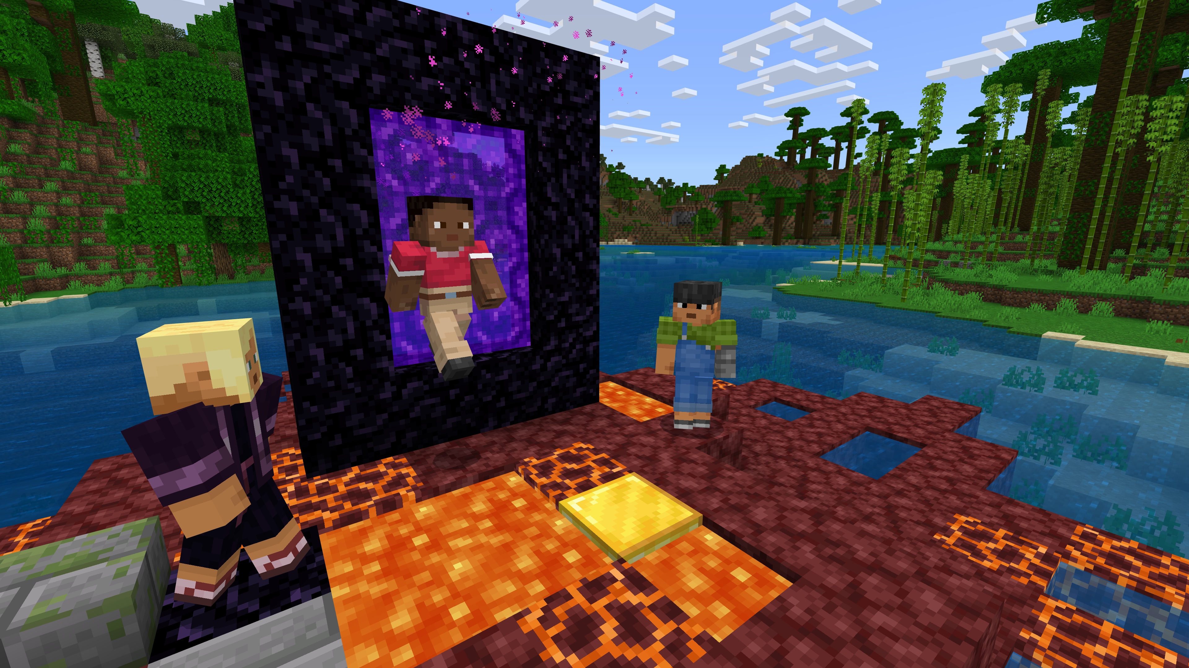 3 Minecraft characters are stepping out of a nether portal into the Overworld.