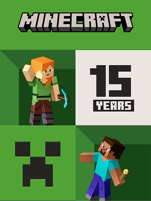 Steve, Alex, and a creeper face appear next to text reading Minecraft 15 Years