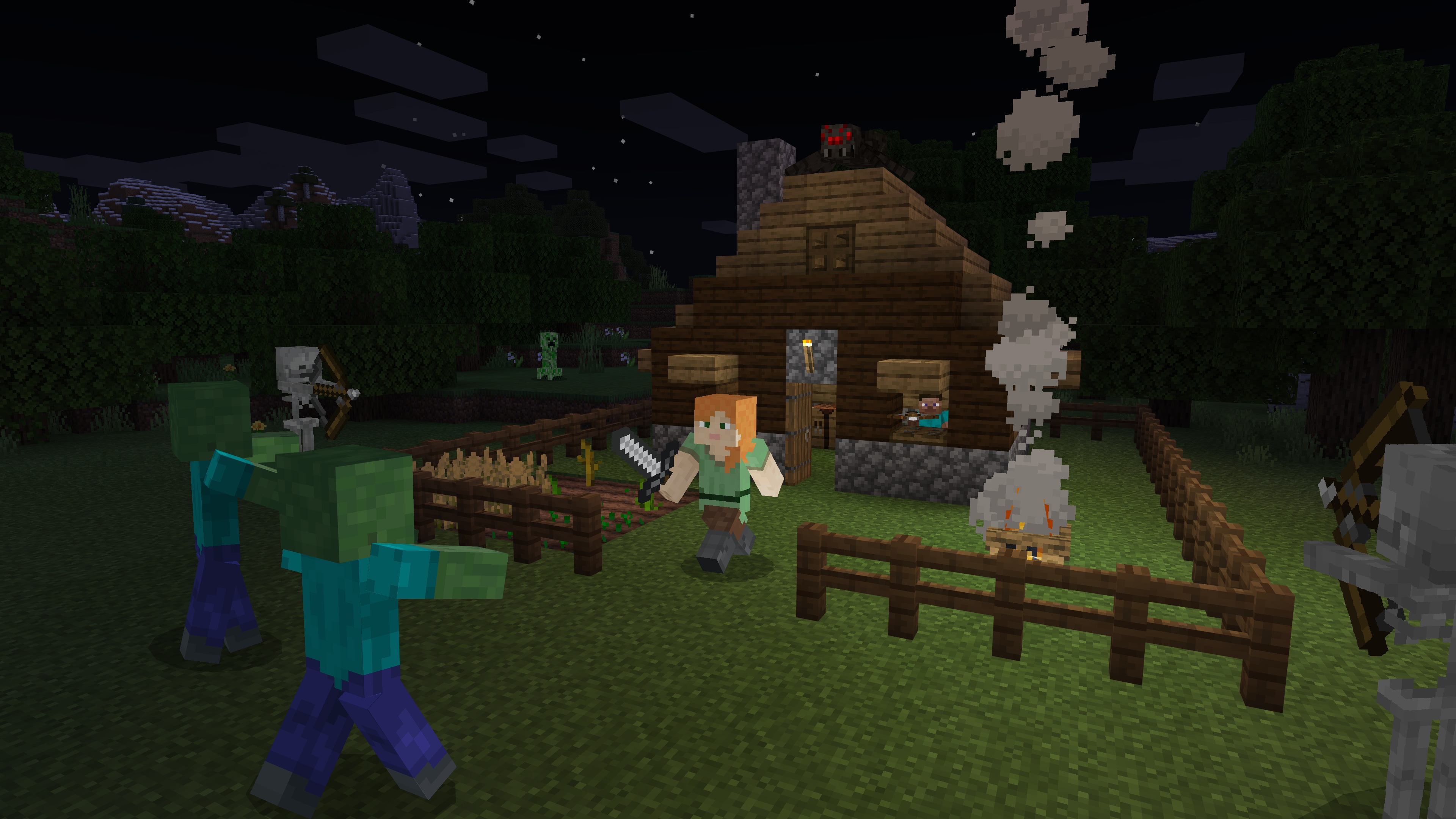 Zombies, skeletons, and creepers approaching a small house at night which is defended by Alex and Steve.