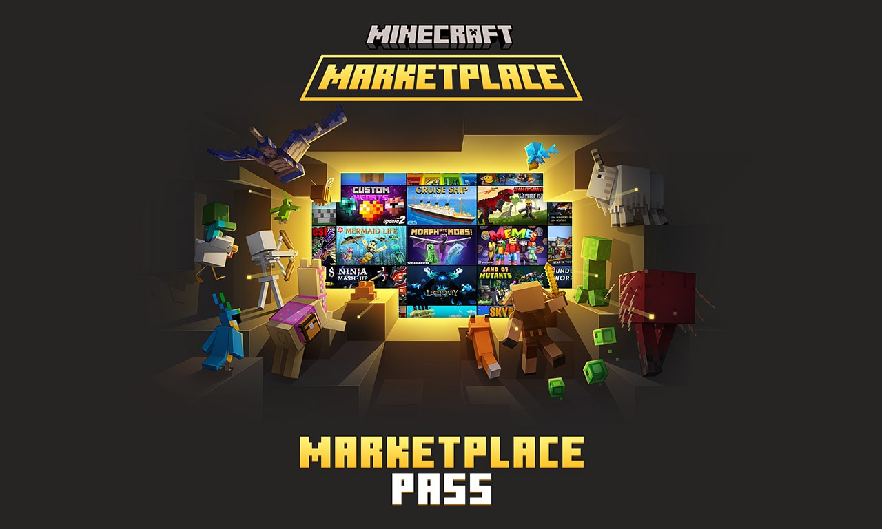 A collection of Minecraft Marketplace content is seen through a glowing portal above the text: Marketplace Pass