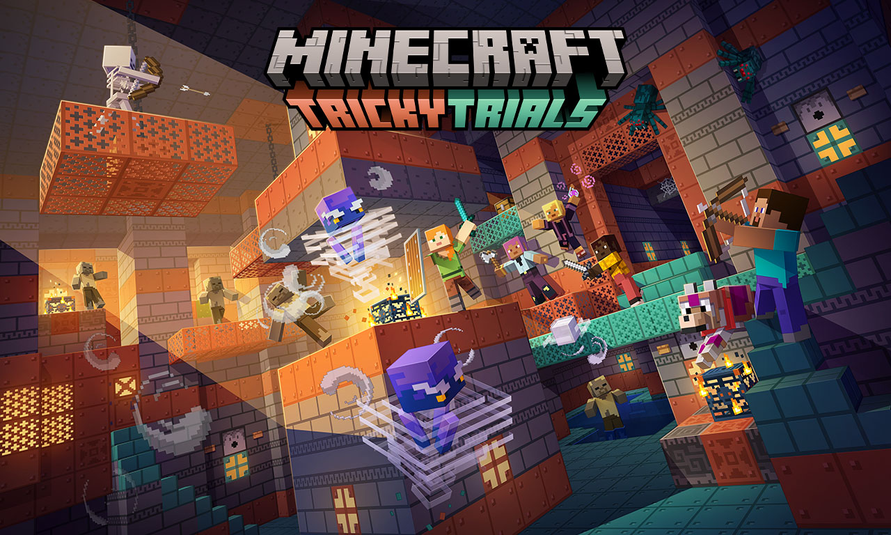 Steve, Alex, and other characters battle against breezes, bogged, and other mobs in a Trials Chamber, beneath the text: Minecraft Tricky Trials