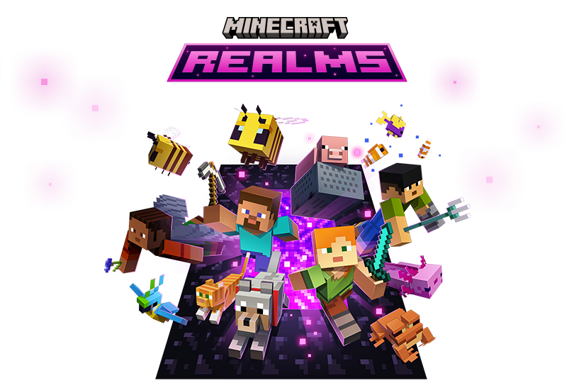 A bunch of Minecraft characters burst out of a nether portal below text reading Minecraft Realms