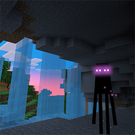 An Enderman standing behind a waterfall